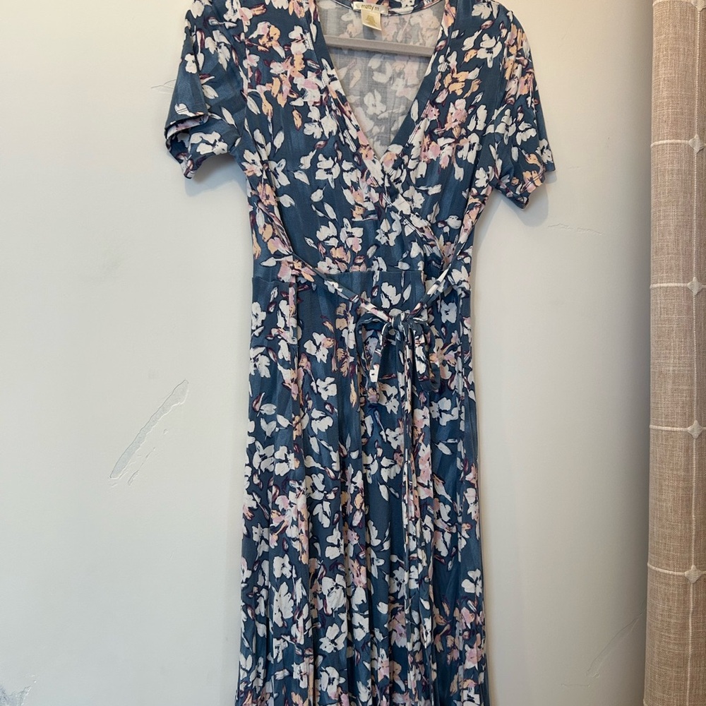 Matty M Blue Maxi Sundress with V-Neck and Short Sleeves